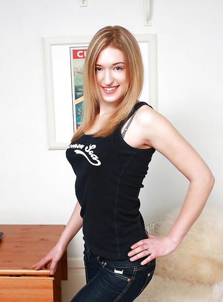 Slim blonde youthful Annoushka in sexy jeans shows big titties and jerks off 